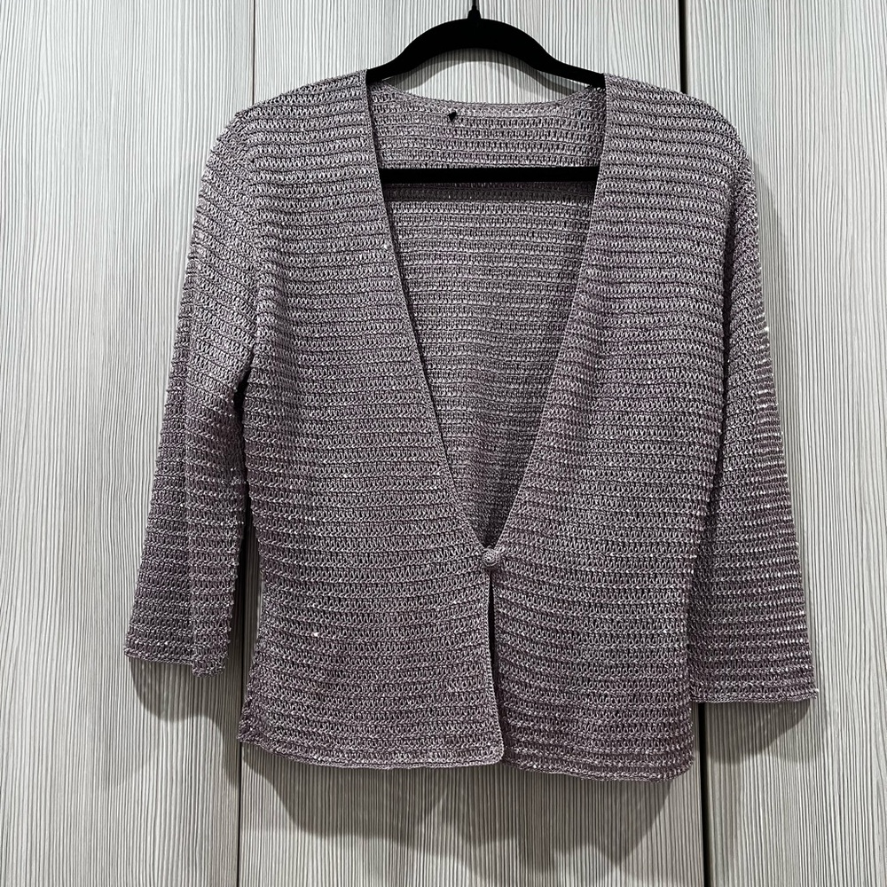 Eileen Fisher Metallic Cropped Shrug XS Lilac Rayon Blend Open‎ Knit Cardigan